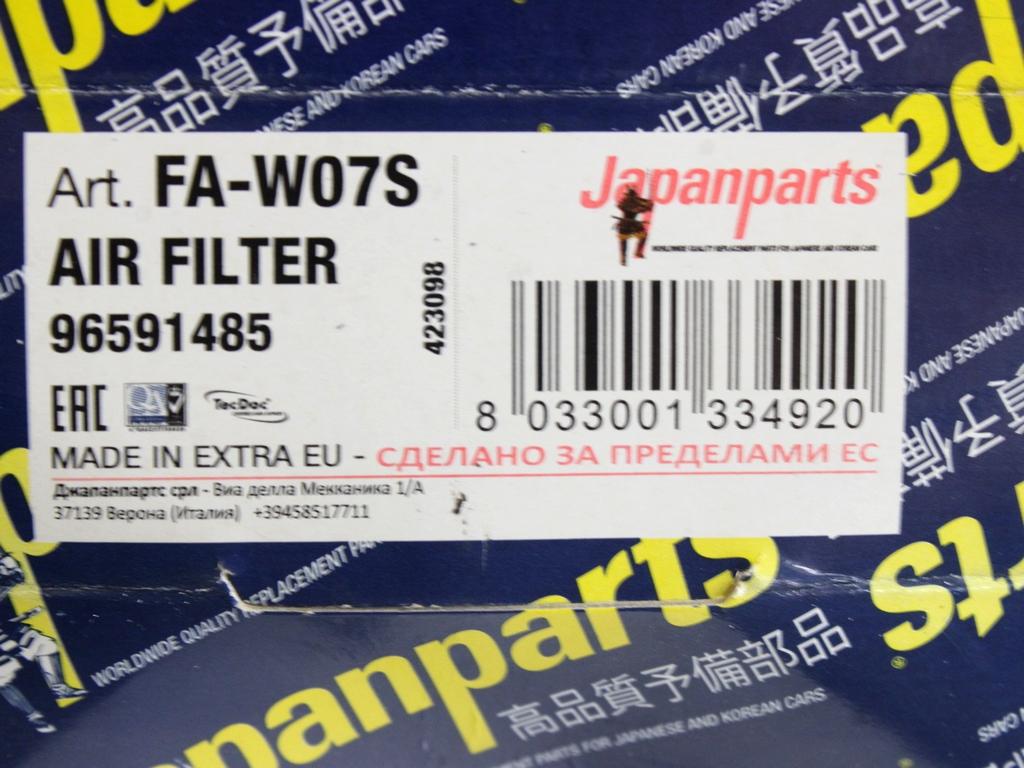 FA-W07S FILTRO ARIA JAPANPARTS CHEVROLET MATIZ 0.8 38KW 5P B/GPL 5M (2008) RICAMBIO NUOVO 96591485