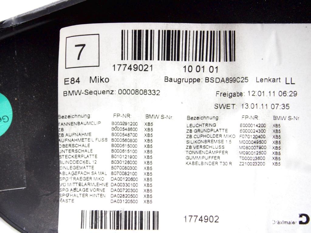 51162993623 TUNNEL CENTRALE CON BRACCIOLO IN PELLE BMW X1 E84 20D 120KW (2011) RICAMBIO USATO